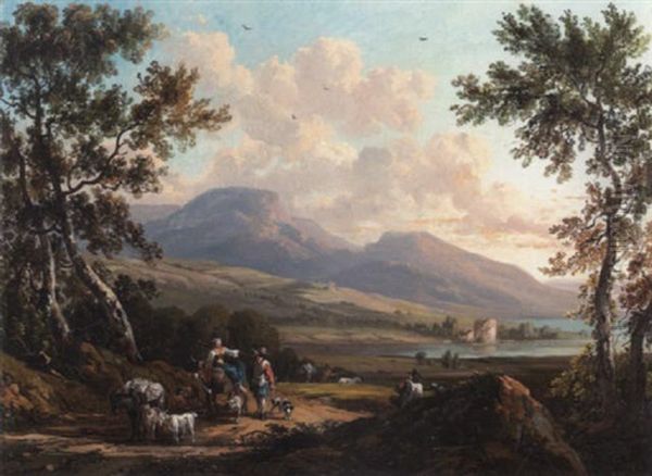 Peasants On A Country Road With A Lake And Hills Beyond Oil Painting by Victor de Grailly