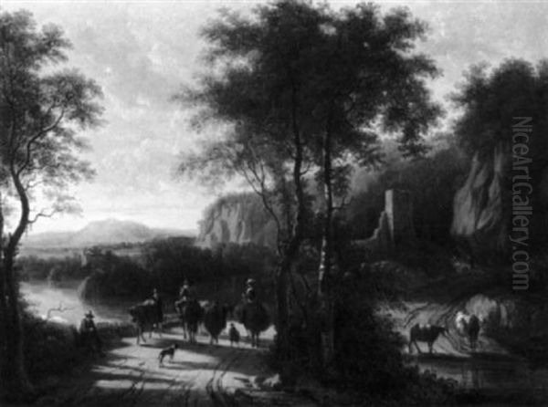 Travelers With Livestock On The Road Overlooking The Bay Oil Painting by Victor de Grailly