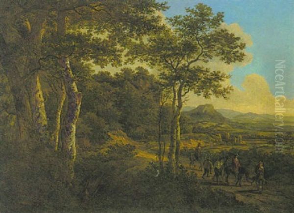 Waldlandschaft Mit Rehen Und Jagern Auf Dem Weg Vorn Rechts Oil Painting by Victor de Grailly