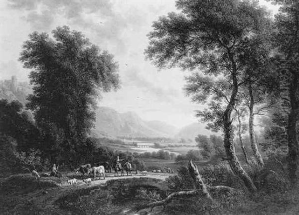 Bergers Et Troupeau Franchissant Un Pont De Pierre Dans Une Campagne Boisee Et Accidentee Oil Painting by Victor de Grailly