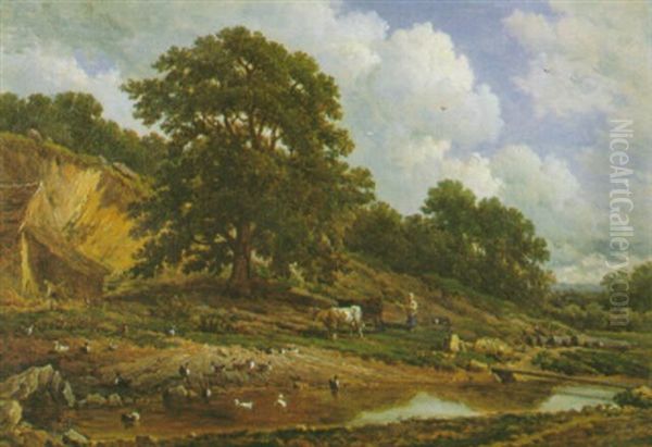 Hirtin Mit Zwei Kuhen Am Flus Oil Painting by Victor de Grailly