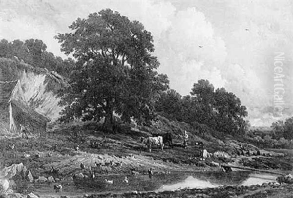 A Peasant Girl Herding Cattle Towards A Wooded Pond With Ducks, A Farmshed Beyond Oil Painting by Victor de Grailly