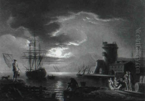 Moonlit Harbor Oil Painting by Victor de Grailly