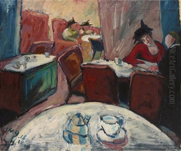 Cafe Oil Painting by Walter Gramatte