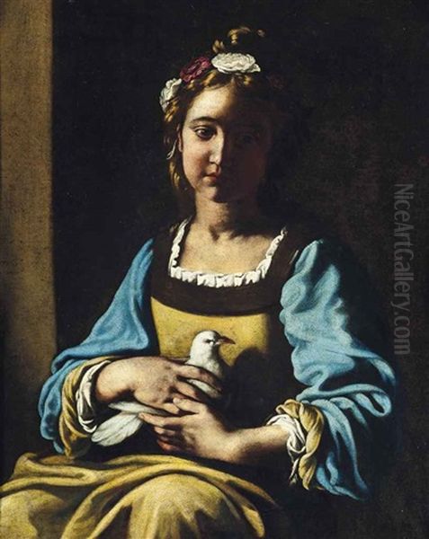 Portrait Of A Girl, Half-length, In A Green Dress With Blue Sleeves And A Garland Of Flowers In Her Hair, Holding A Dove In Her Lap Oil Painting by Antiveduto Grammatica