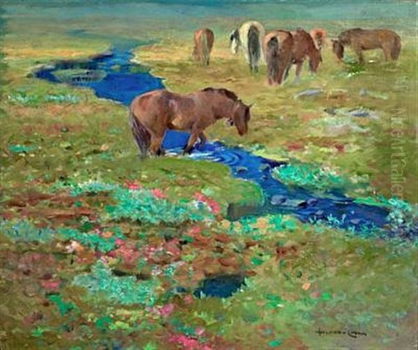 Horses By A Stream In The Meadow Oil Painting by Halfdan Gran