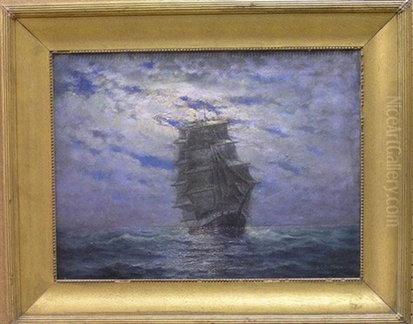 Ship At Moonlight Oil Painting by Johan R. Granberg