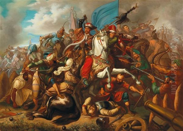 John Iii Sobieski, King Of Poland And Lithuania (1629-1696) During The Second Ottoman Siege, In The Battle Of Vienna, 12 September 1683 Oil Painting by Josef Grandauer