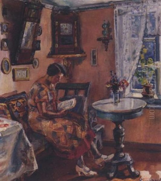 Lesende Kvinne I Interior Oil Painting by Severin Grande