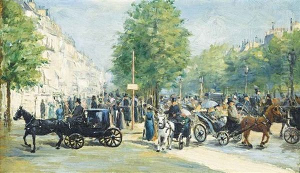 A Busy Day On The Champs Elysees, Paris Oil Painting by Edmond Georges Grandjean