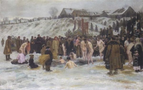 Bathing After The Blessing Of The Waters On The Sixth Of January, Feast Of The Epiphany Oil Painting by Nikolai Karlovich Grandkovsky