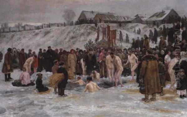 Bathing After The Blessing Of The Waters On The Sixth January, Feast Of The Epiphany Oil Painting by Nikolai Karlovich Grandkovsky