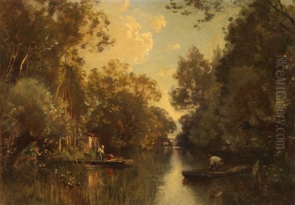 Flusslandschaft Mit Zwei Booten Oil Painting by Pierre Eugene Grandsire