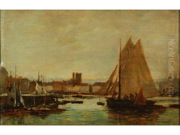 Bateau De Peche Dans Le Port De Dieppe (+ Sans Titre (sketch), Verso) Oil Painting by Pierre Eugene Grandsire