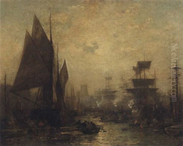 Dieppe Harbour Oil Painting by Pierre Eugene Grandsire