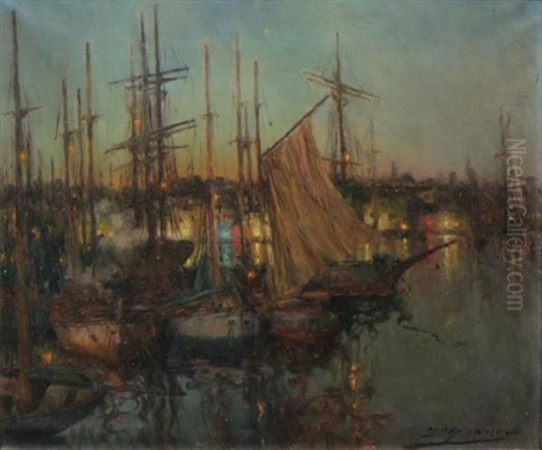 Boats In Harbor Oil Painting by Luis Graner y Arrufi