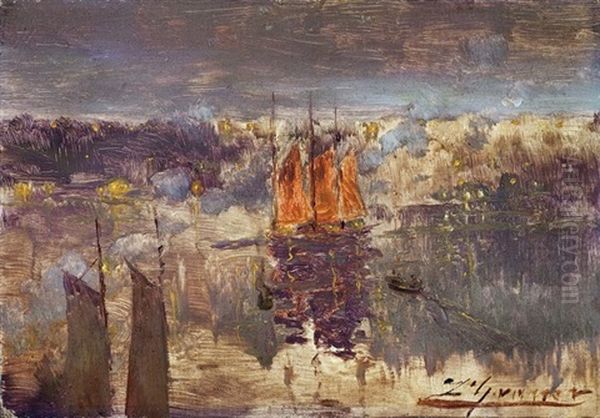 Harbor At Dusk Oil Painting by Luis Graner y Arrufi