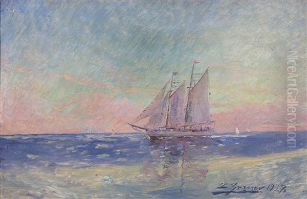 A Three Masted Schooner Oil Painting by Luis Graner y Arrufi