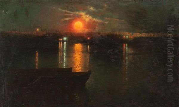 Nocturno: Puerto De Barcelona Oil Painting by Luis Graner y Arrufi