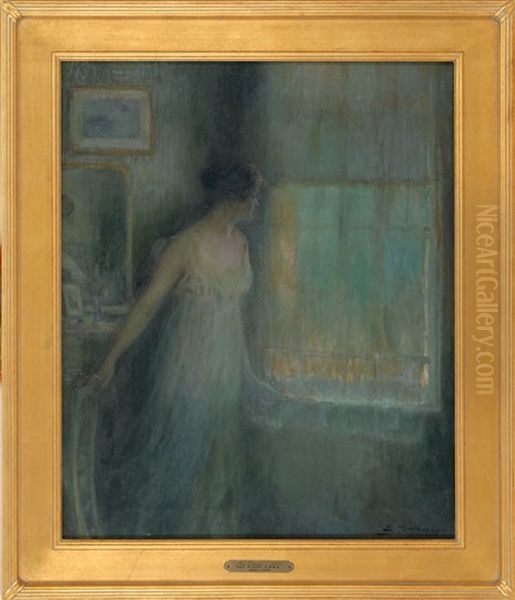 Portrait Of A Woman Peering Out A Window Oil Painting by Luis Graner y Arrufi