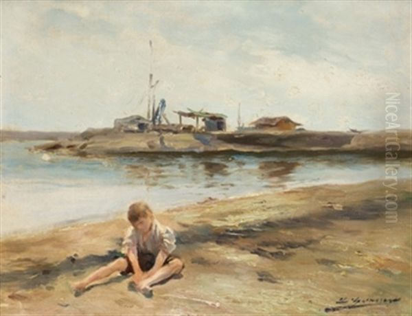 Ninno Jugando En La Playa Oil Painting by Luis Graner y Arrufi