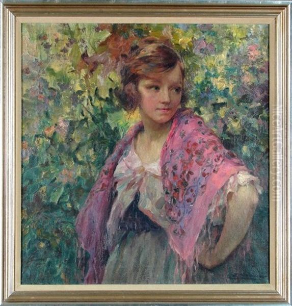 A Girl With Shawl Oil Painting by Luis Graner y Arrufi