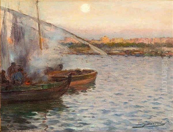 Puerto De Barcelona Oil Painting by Luis Graner y Arrufi