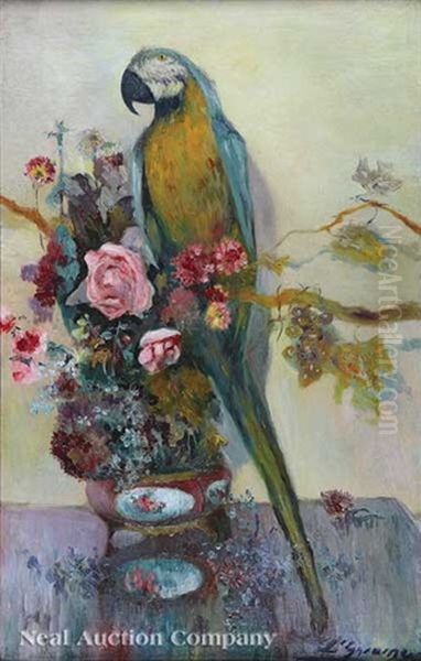 Still Life With Parrot And Flowers Oil Painting by Luis Graner y Arrufi