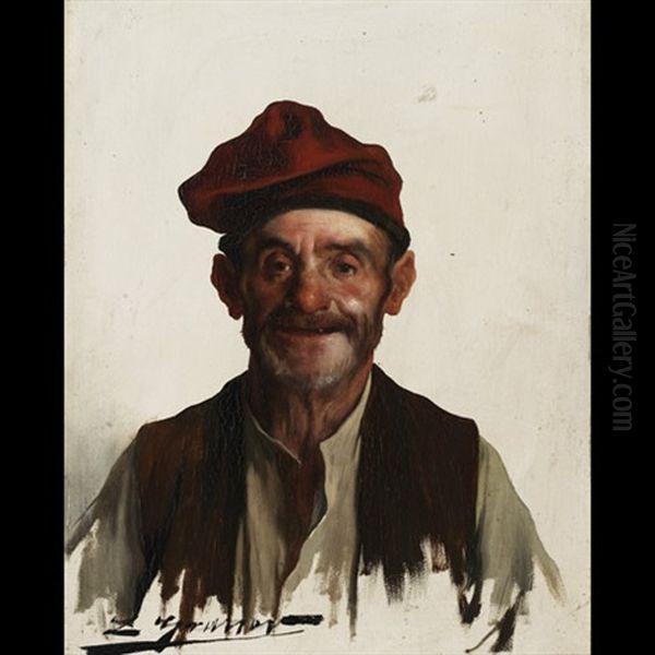 Happy Peasant Wearing Toque Oil Painting by Luis Graner y Arrufi