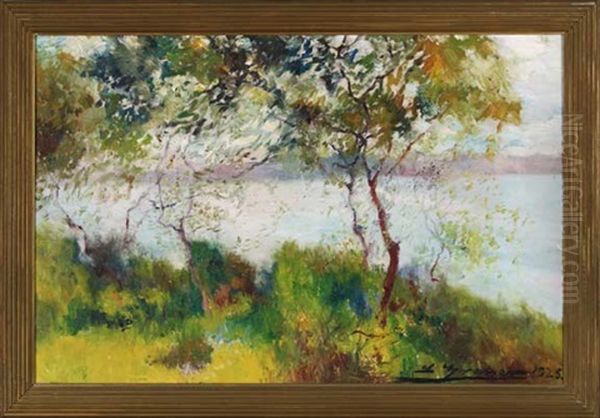 Trees At Water's Edge Oil Painting by Luis Graner y Arrufi