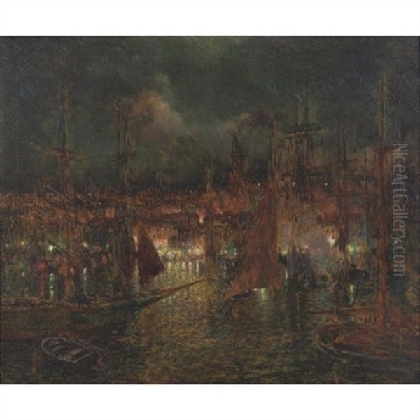 Nocturnal View Of A Port Oil Painting by Luis Graner y Arrufi