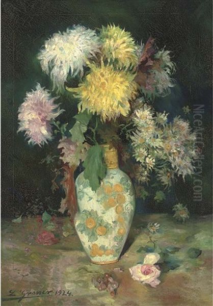 Chrysanthemums And Daisies In A Ceramic Vase Oil Painting by Luis Graner y Arrufi