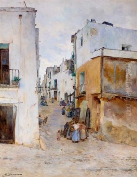 Pueblo Espanol (a Village Street) Oil Painting by Luis Graner y Arrufi