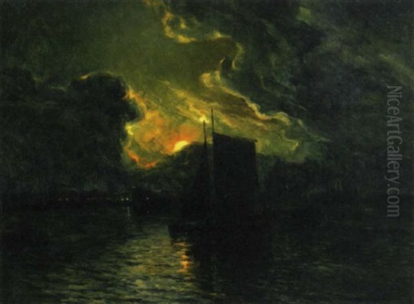 A Port Scene At Sunset With A Fishing Boat In The Foreground Oil Painting by Luis Graner y Arrufi