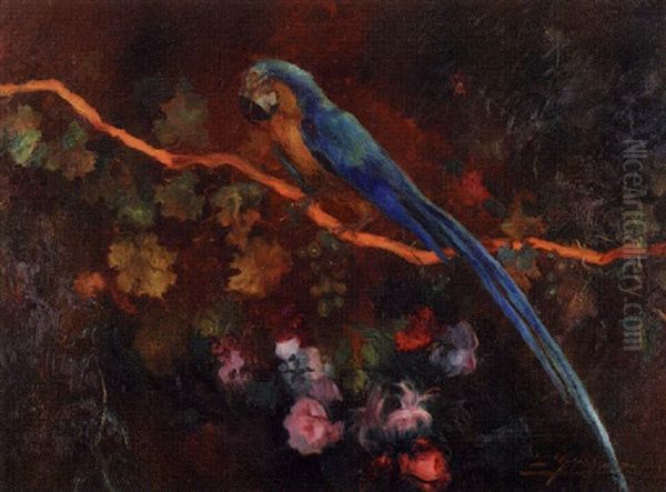 Parrot On A Grapevine In A Floral Landscape Oil Painting by Luis Graner y Arrufi