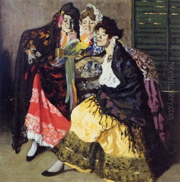 Three Spanish Women With A Parrot Oil Painting by Luis Graner y Arrufi