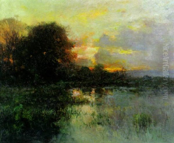 Louisiana Bayou Landscape At Sunset Oil Painting by Luis Graner y Arrufi