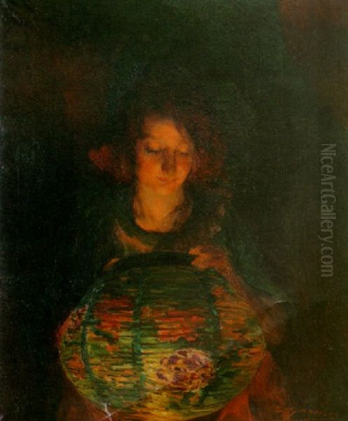 A Girl Holding A Chinese Lantern Oil Painting by Luis Graner y Arrufi