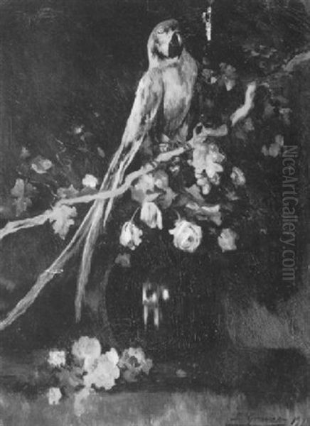 Parrot Seated On A Branch With A Vase Of Flowers Below Oil Painting by Luis Graner y Arrufi