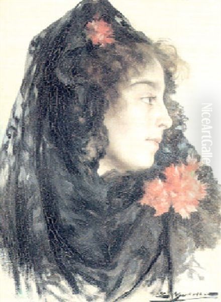 Dama Con Mantilla Oil Painting by Luis Graner y Arrufi