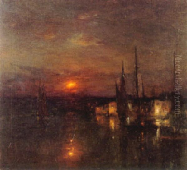 A Harbor Scene At Dusk Oil Painting by Luis Graner y Arrufi