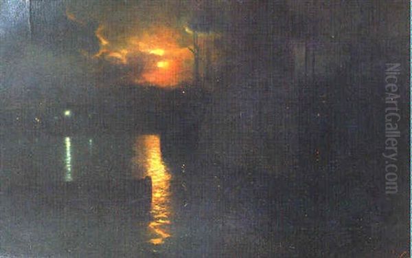 Vista Nocturna Del Puerto Oil Painting by Luis Graner y Arrufi