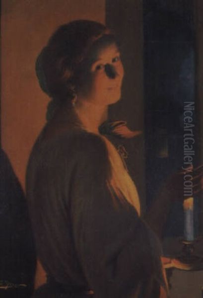 Muchacha Con Palmatoria Junto A La Ventana Oil Painting by Luis Graner y Arrufi