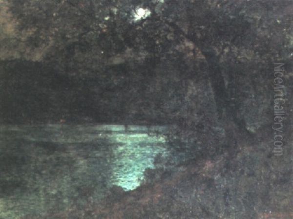 A Moonlit River Landscape Oil Painting by Luis Graner y Arrufi