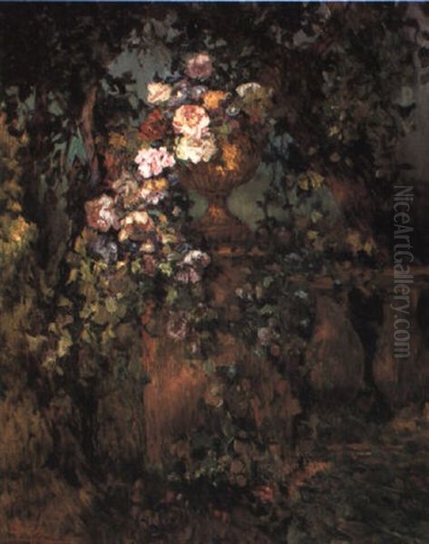 Flowers In An Urn On A Balustrade In A Landscape Oil Painting by Luis Graner y Arrufi