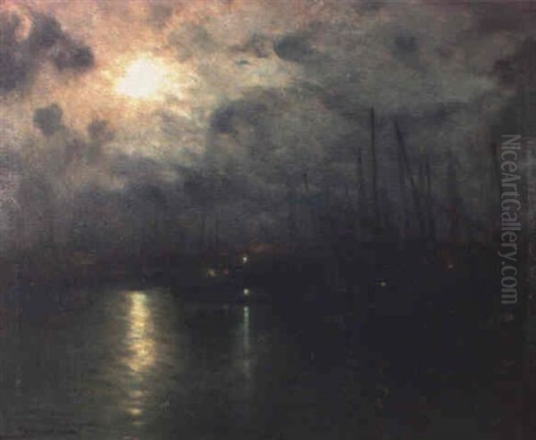 Puerto Por La Noche Oil Painting by Luis Graner y Arrufi