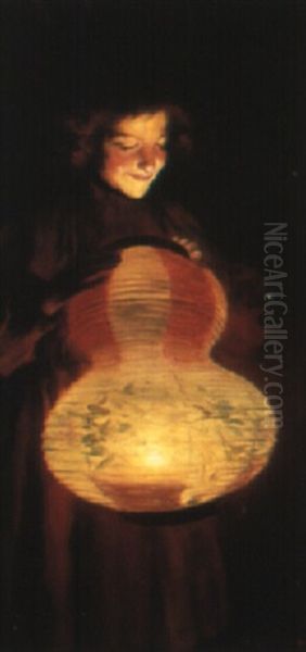 A Girl With A Lantern Oil Painting by Luis Graner y Arrufi