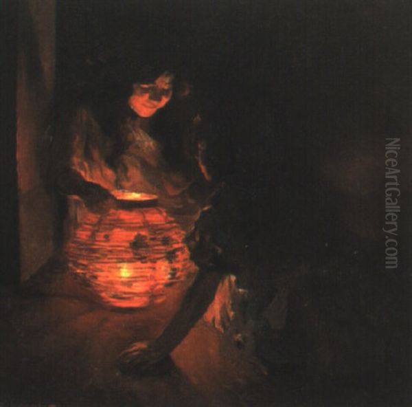 Ninas A La Luz De Una Farol Oil Painting by Luis Graner y Arrufi