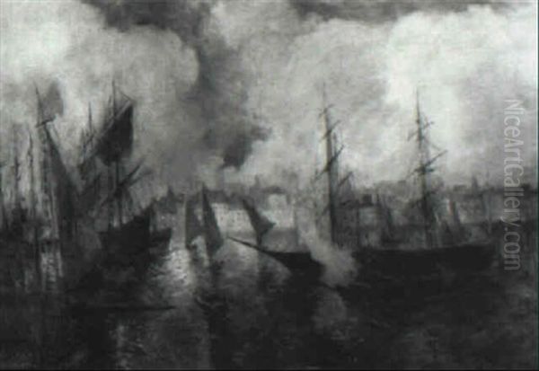 Fire In  The Harbor Oil Painting by Luis Graner y Arrufi