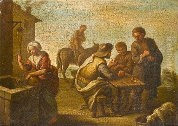 A Village With Men Seated At A Table, A Woman At A Well And A Man On A Donkey Oil Painting by Giovanni Michele Graneri